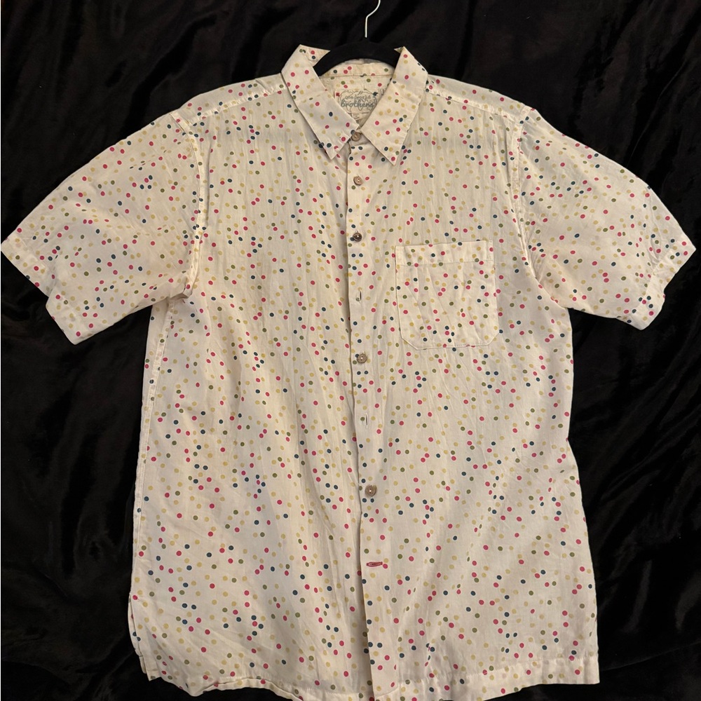 White and Red Casual Button Down Shirt with Artistic Pattern